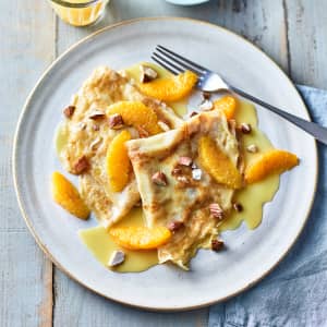 Breakfast Pancakes with Hot Caramelised Oranges 