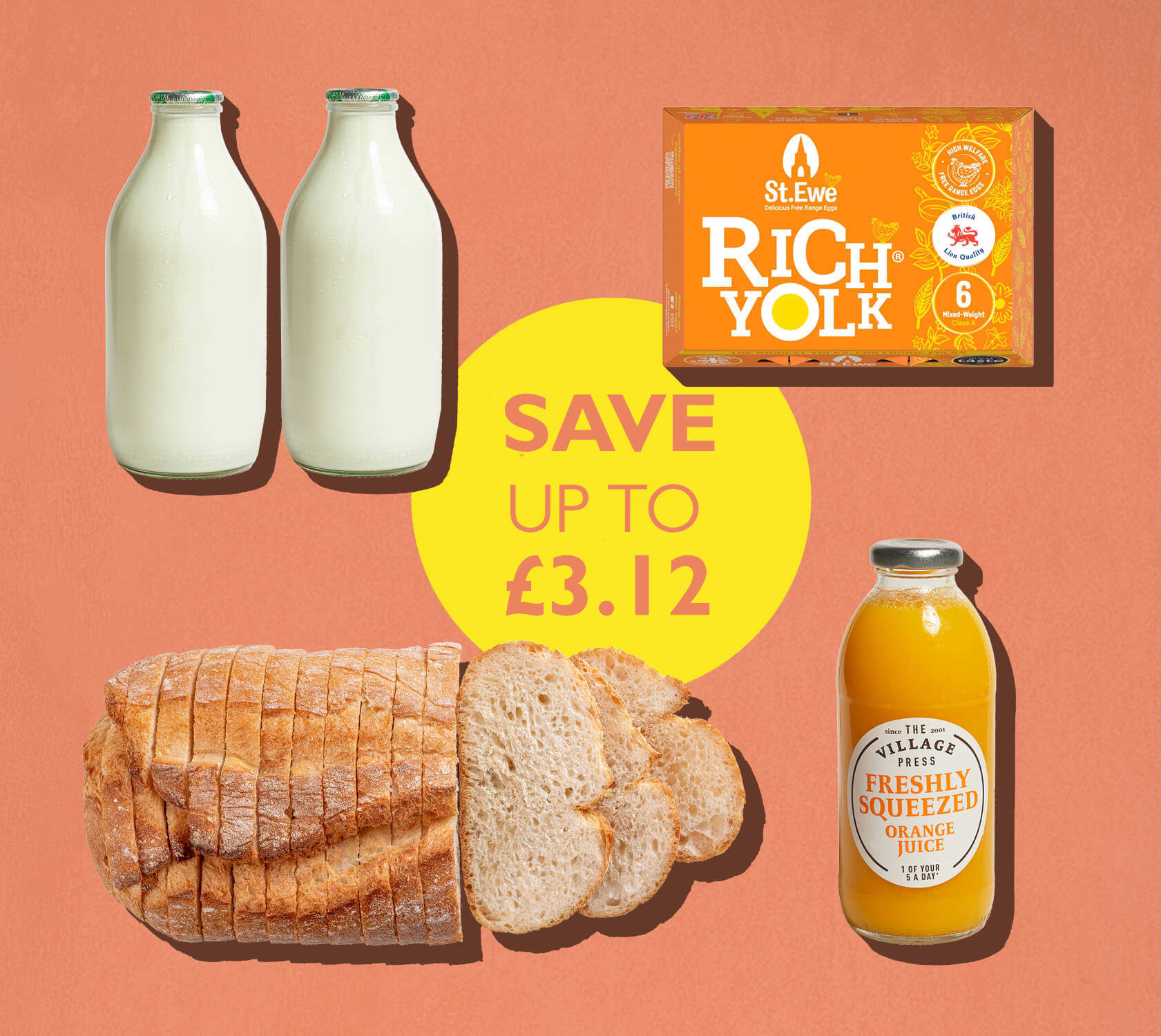 bread, eggs, juice and milk