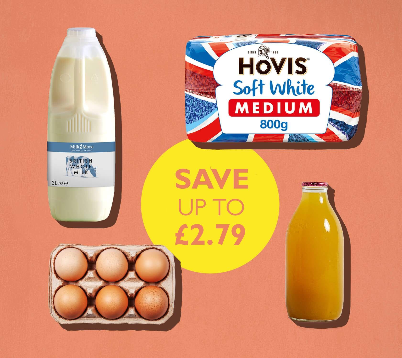 milk, juice, bread, eggs