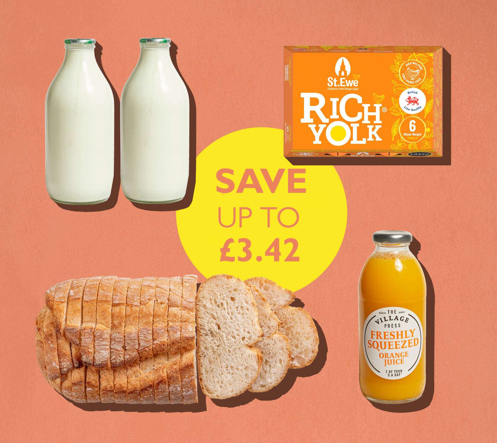 bread, eggs, juice and milk