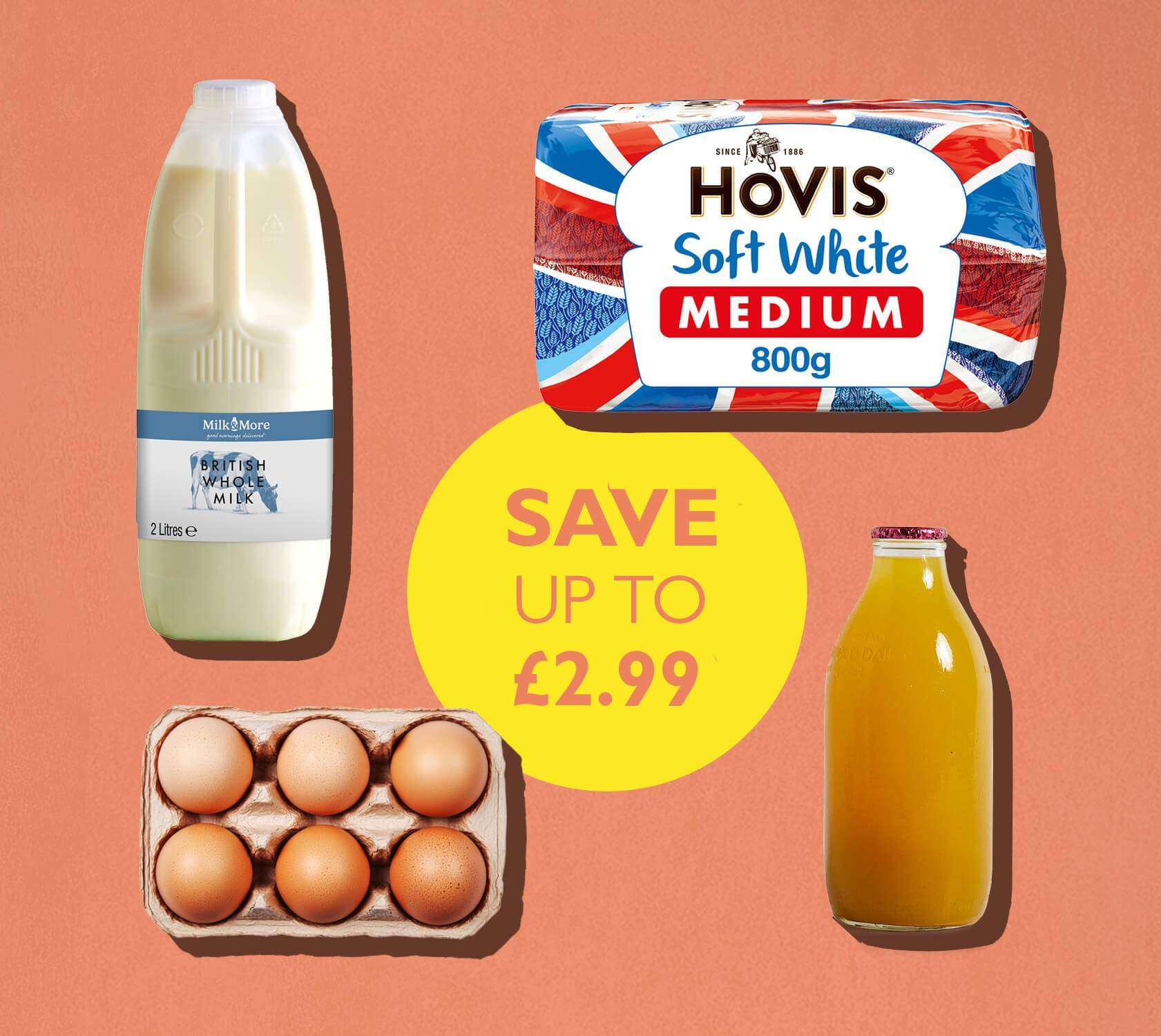 milk, juice, bread, eggs