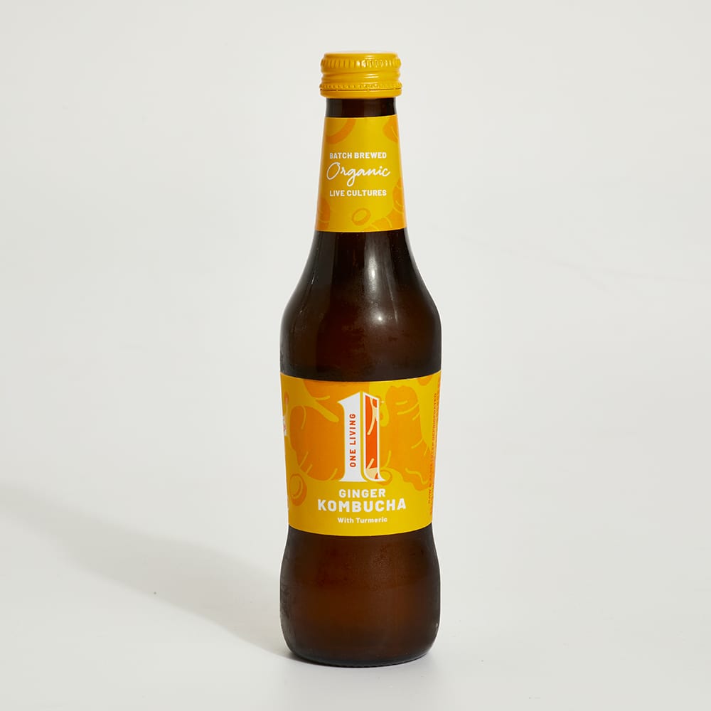 One Living Organic Ginger Kombucha with Turmeric in Glass, 275ml