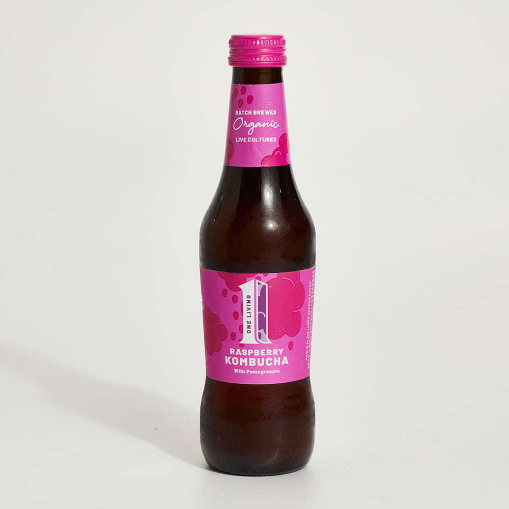 One Living Organic Raspberry Kombucha with Pomegranate in Glass, 275ml