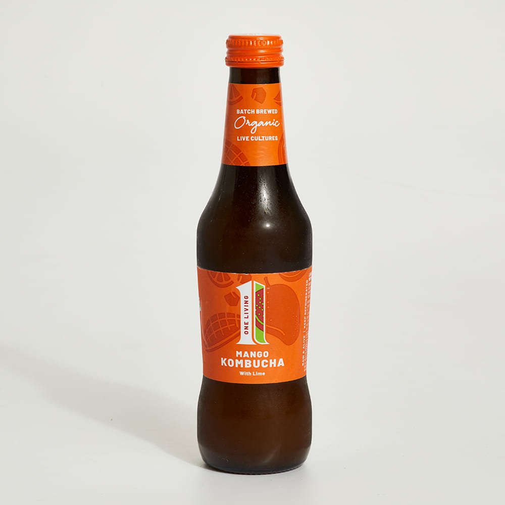 One Living Organic Mango Kombucha with Lime in Glass, 275ml
