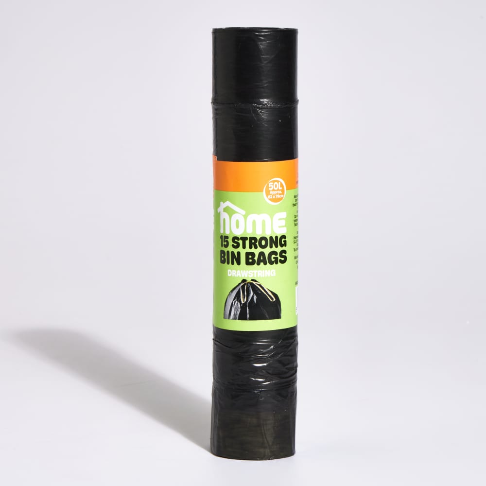 HOME Extra Thick 50L Drawstring Bin Bags, 15 Pack