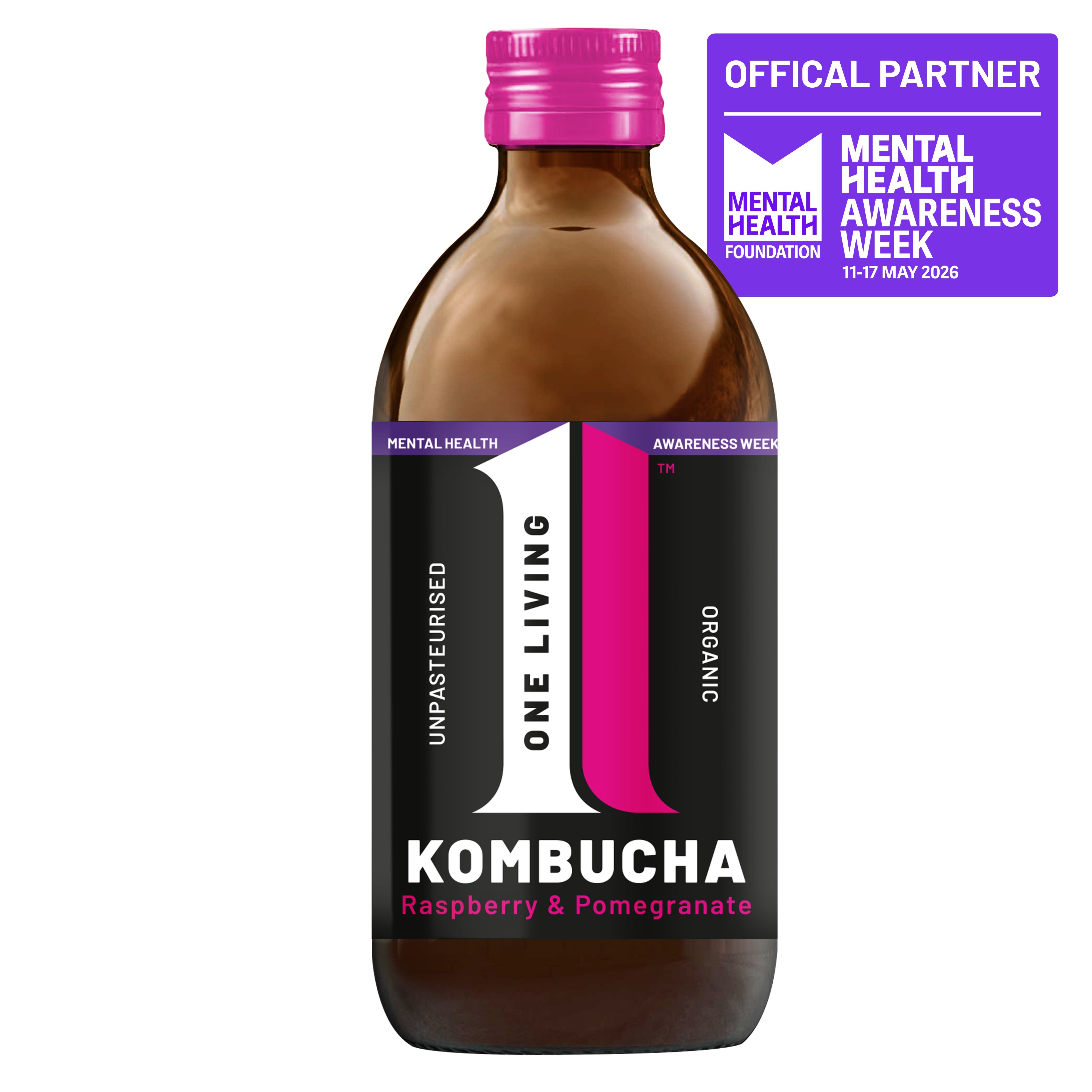 One Living Raspberry & Pomegranate Organic Kombucha in Glass, 330ml