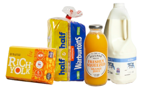 eggs, juice, milk and bread
