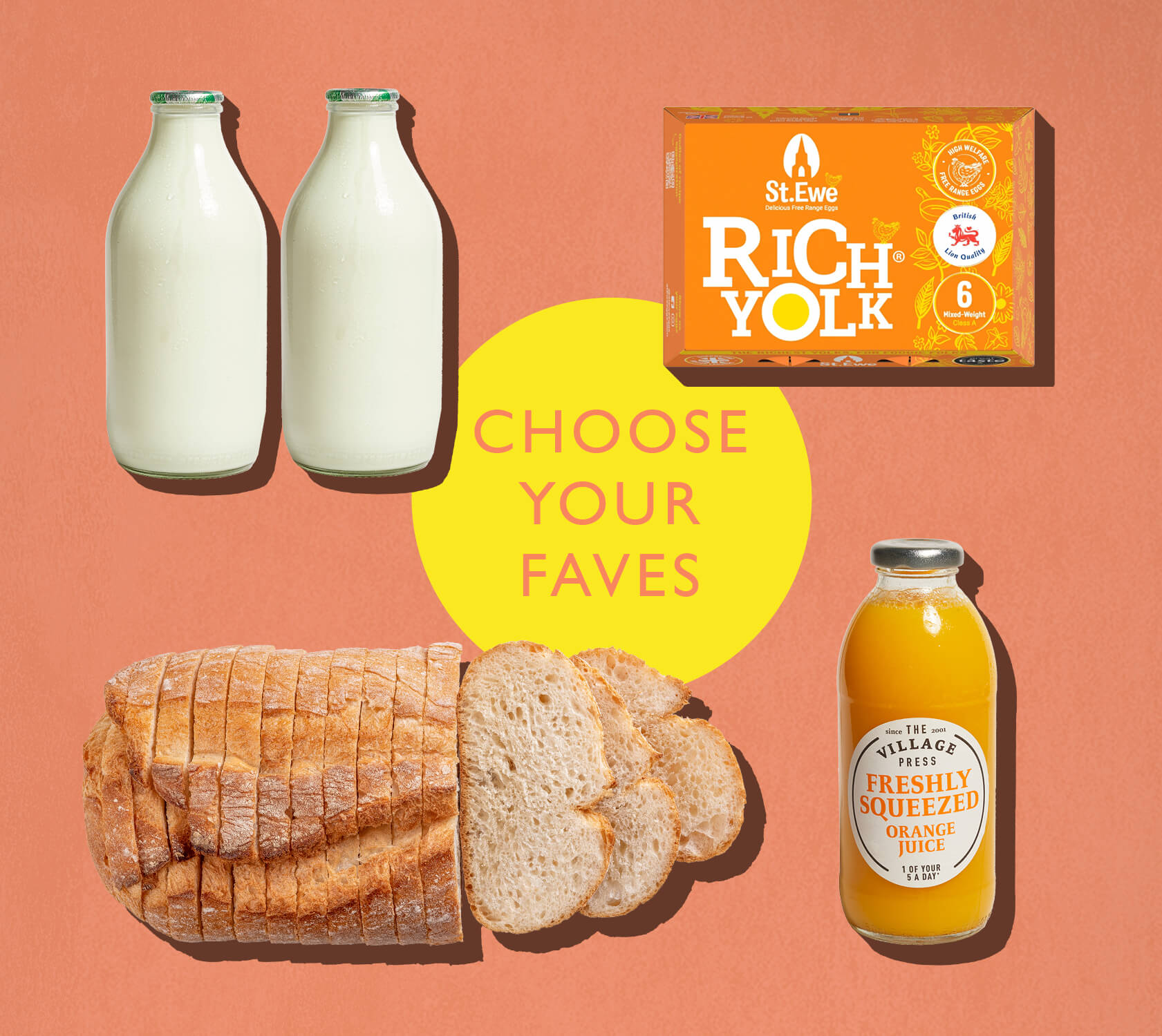 bread, eggs, juice and milk