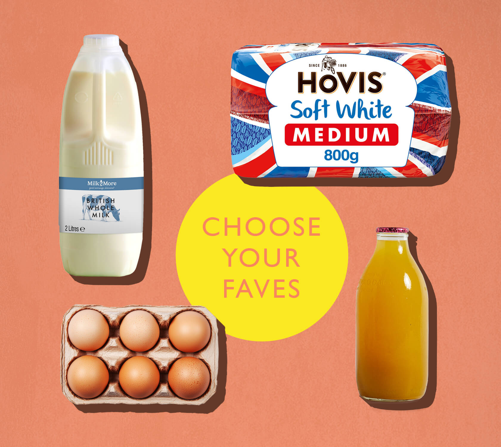 milk, juice, bread, eggs