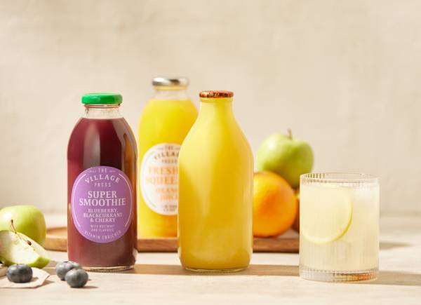 juice and soft drinks in glass bottles