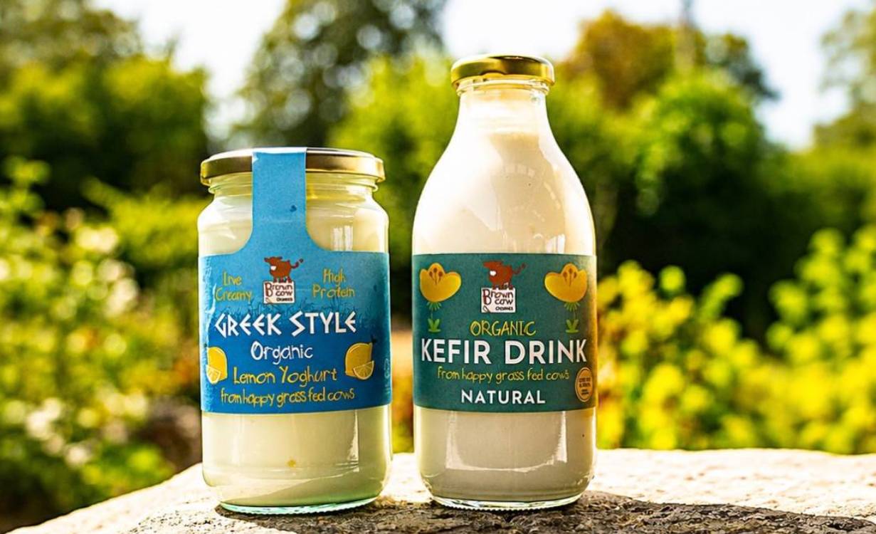 Brown Cow Organics kefir and live yoghurt in glass jars