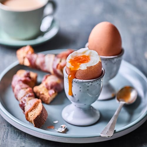 Classic Dippy Eggs with Bacon Wrapped Soldiers